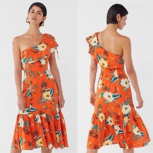 Xs UO one shoulder floral linen ruffle midi dress